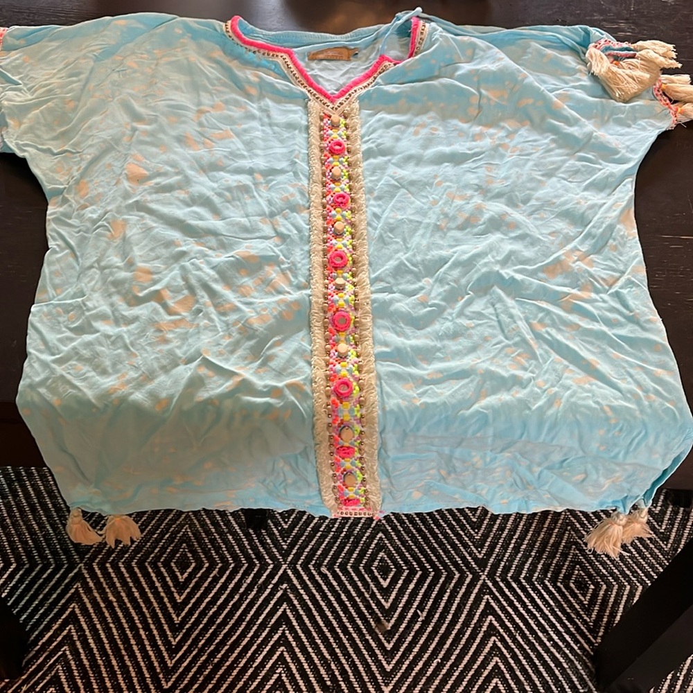 Skemo bathing suit cover in teal xl women’s beaded and embroidered with tassels